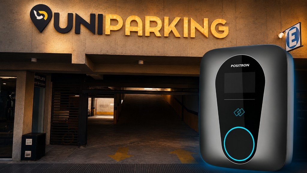Ingreso a UniParking con cargador eléctrico POSITRON en primer plano